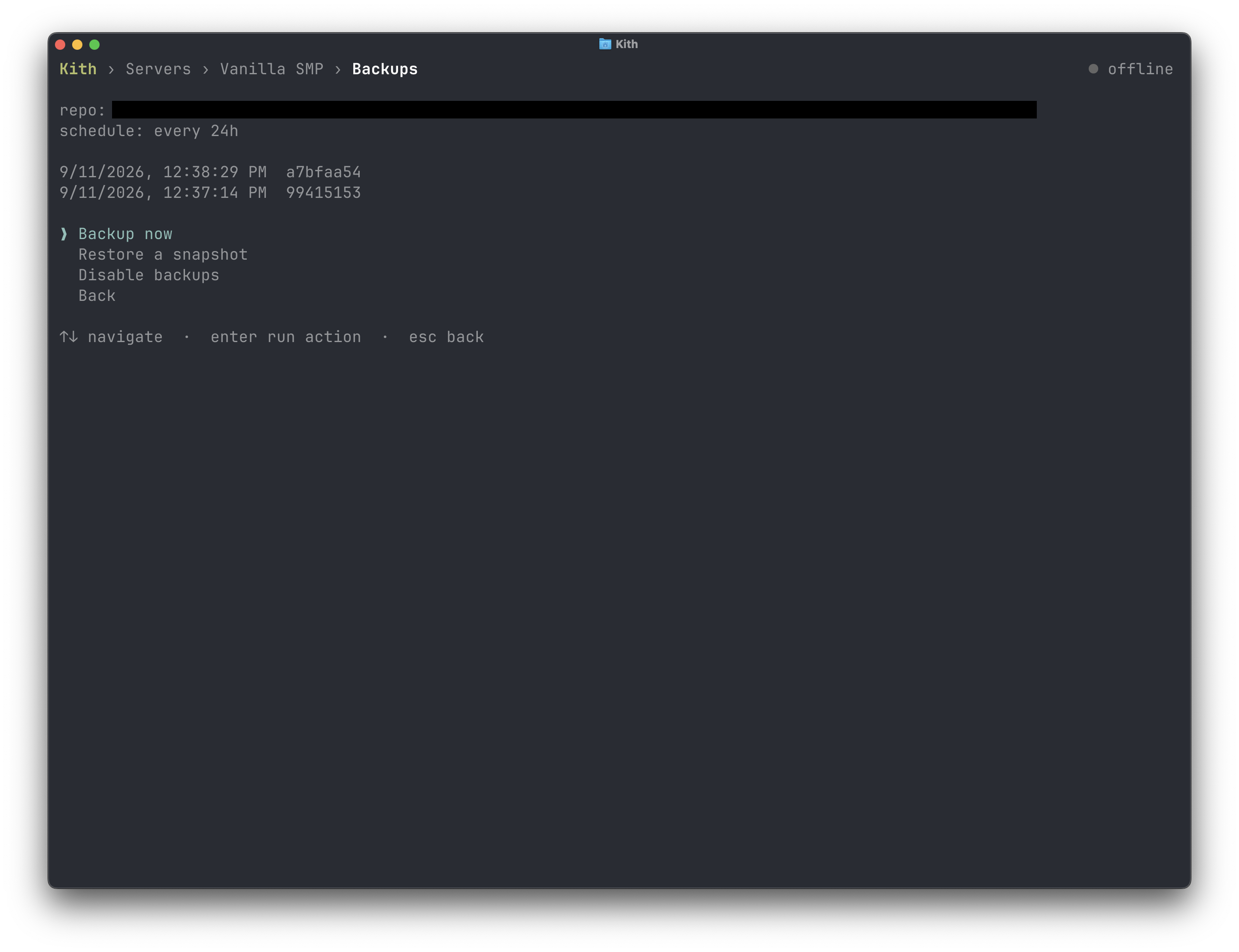 A server's backup screen with snapshot history