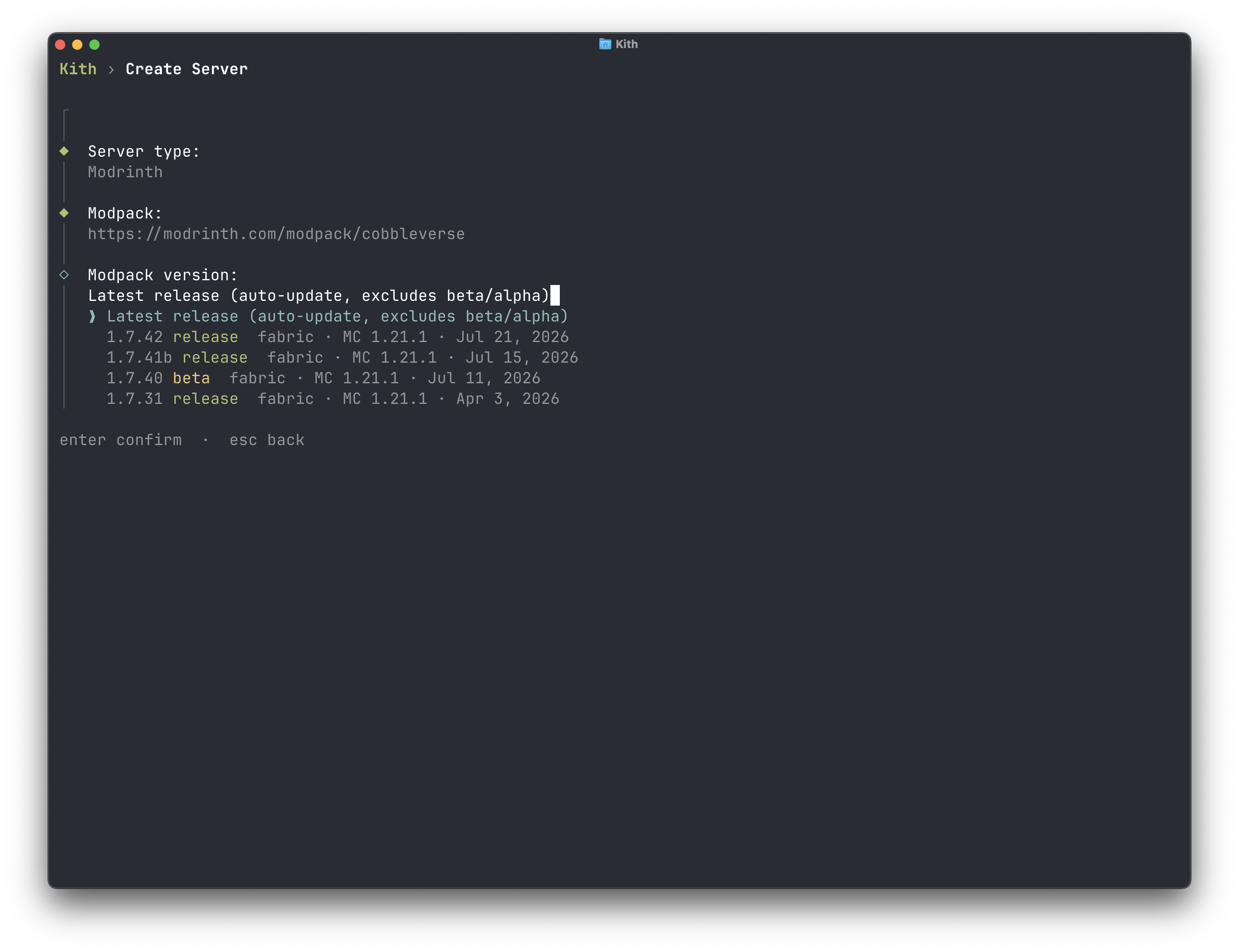 Creating a server from a Modrinth modpack in the server wizard