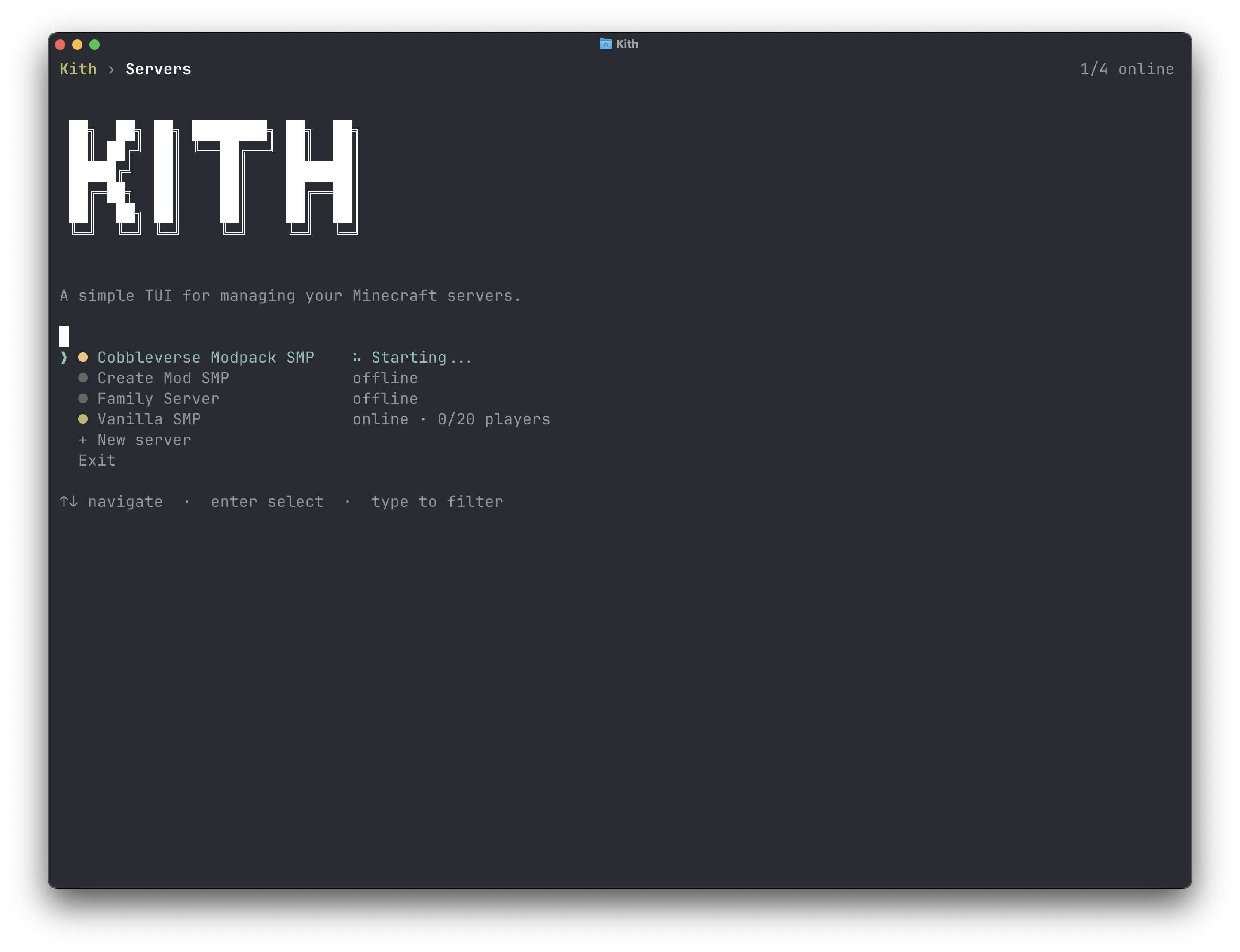 Kith's server list showing offline, starting, and online servers