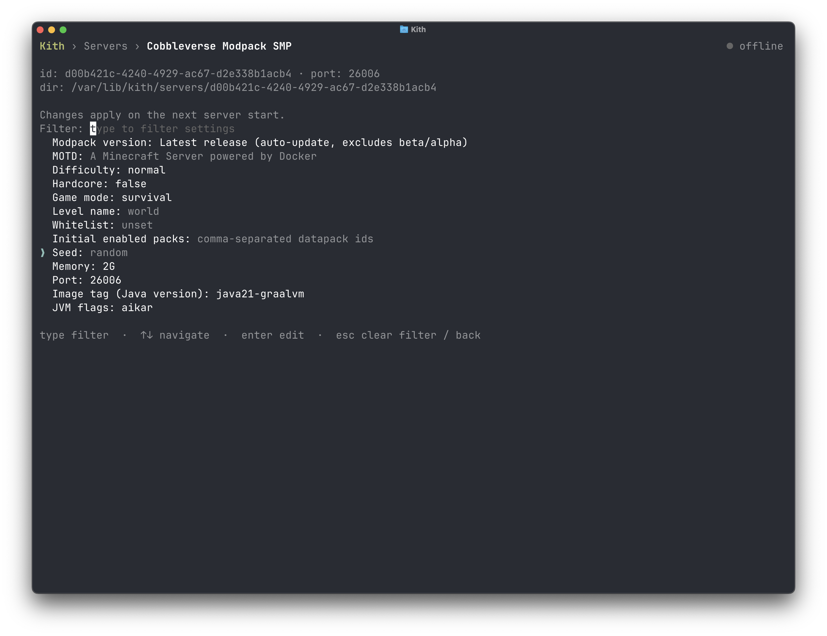 Editing a server's memory, port, version, and modpack settings